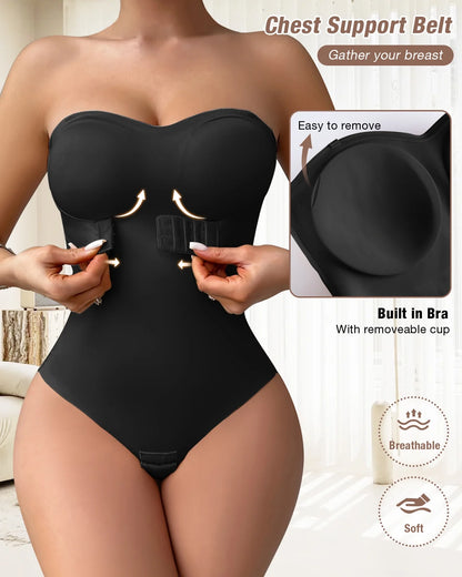 Elevate Your Look with HRIZN's Strapless Shapewear Bodysuit - Ultimate Tummy Control & Built-in Push-Up Bra for Effortless Elegance